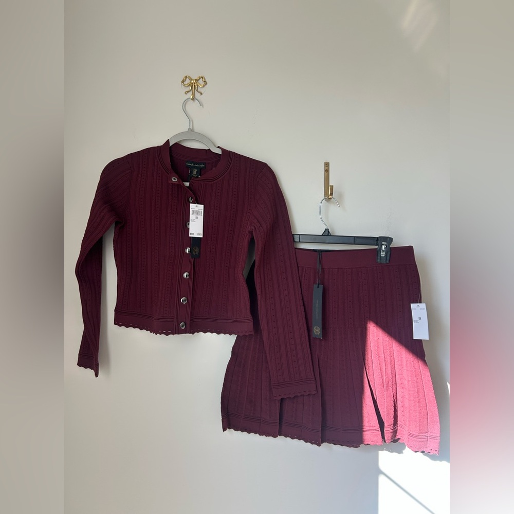 Burgundy Knit Long sleeve top and pleated Skirt Set